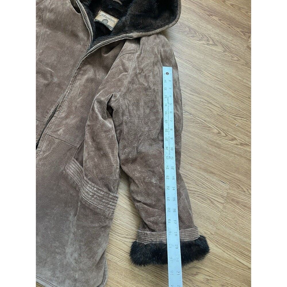 Vtg St Johns Bay Suede Leather Faux Fur Lined  Jacket Zip Hood Womens Sz M Brown - Picture 11 of 11